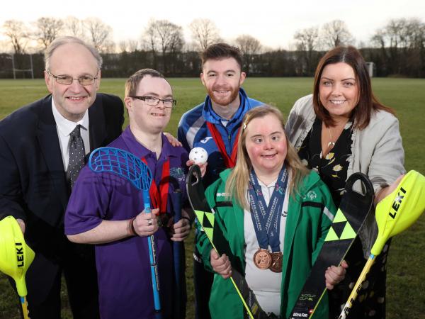 Ministers Weir, Stephen Kennedy, Llyod Clarke, Minister Deirdre Hargery and Lucy Best at the launch of the 2020 Special Olympics Ireland Winter Games in Stormont