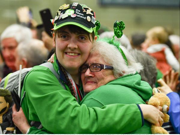 Athlete Sarah Gilmartin is welcomed home by her mother at Dublin Airport as she arrives back after the 2019 World Summer Games in Abu Dhabi