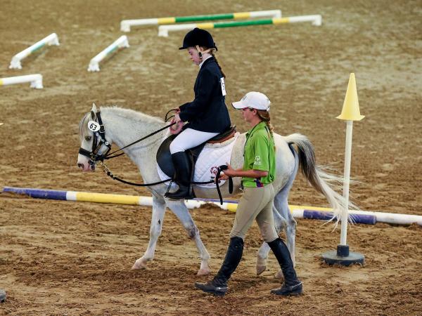 Girl riding horse around arena during competition