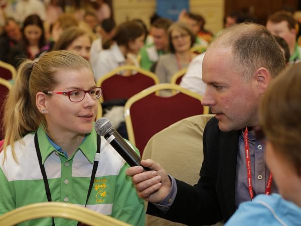 Reporter Henry McKeane interviews athlete Edel Armstrong at our Athlete Leadership Forum