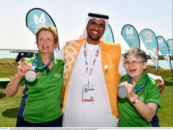 Athlete Mairead Moroney with her playing partner Jill Moloney winning a silver medal at the 2019 World Summer Games in Abu Dhabi