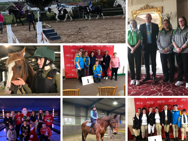 Collage of photos of people at equetrian centre riding horses