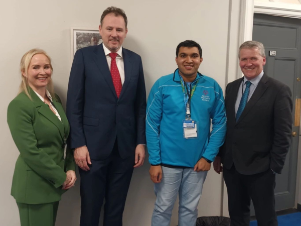 Pictured at a meeting in Leinster House, left to right: Special Olympics Ireland C.E.O. Karen Coventry, Irish Government Minister Charlie McConalogue, Special Olympics Ireland athlete and ambassador Ashwin Maliyakal, and Special Olympics Ireland Board member Rob Hartnett.