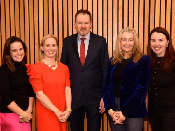 This image shows Special Olympics Ireland CEO Karen Coventry Minister of State Charlie McConologue Chairperson of Hockey Ireland Niamh Byrne and CEO of Hockey Ireland Anne McCormack.