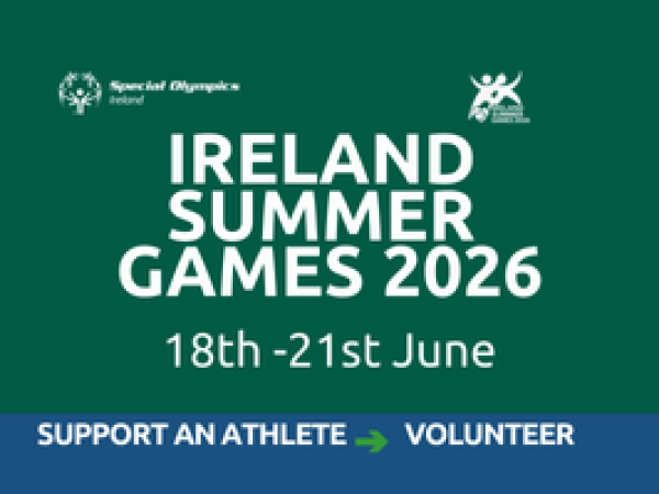This image promotes the Ireland Summer Games 2026, featuring the text: "ireland Summer Games 2026. 18th to 21st June 2026. Volunteer. Support an Athlete"