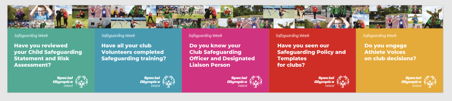 Banner with 5 Safeguarding messages and images of Special Olympics Athletes on 5 different colour panels