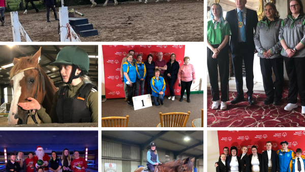 Collage of photos of people at equetrian centre riding horses