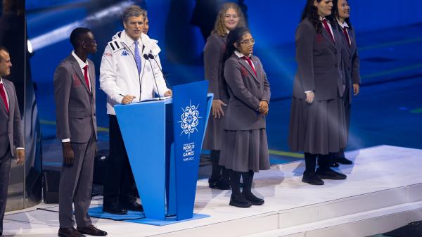 Chairman of Special Olympics Timothy Shriver speech at Opening Ceremony of World Winter Games 2025 in Turin. Sargent Shriver Global Messenger and Special Olympics Ireland athlete Margaret Turley featured