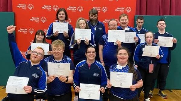 This image shows a group photo of athlete leadership forum with certificates 2025 - Ulster.