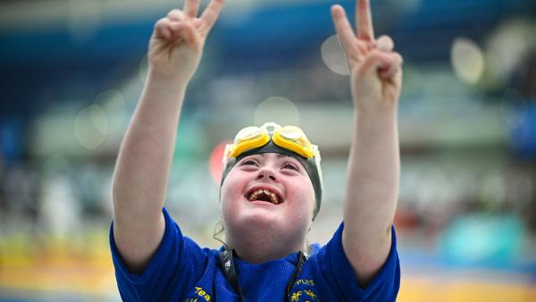 Ruby Ruddell of Ulster after competing in the 50m freestyle competition at the National Aquatic Centre on the Sport Ireland Campus in Dublin during the 2026 Special Olympics Ireland Summer Games