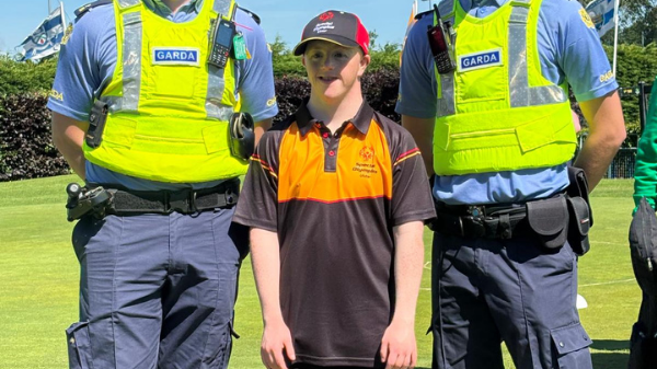 21 June 2026 Thomas Heaney of Ulster with members of An Garda Siochana at Westmanstown Golf Club during the 2026 Special Olympics Ireland Summer Games