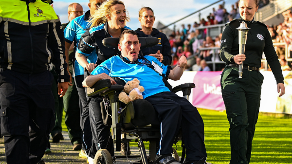 18 June 2026 Special Olympics Ireland Ambassador Francis Donnelly with his chaperone Lauren Hall during the Opening Ceremony at Tallaght Stadium in Dublin for the 2026 Special Olympics Ireland Summer Games. Photo by