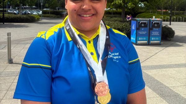 20 June 2026 Moira Scott of Leinster pictured with gold and bronze medals for singles and doubles kayaking near the Garda Boat Club, Dublin during the 2026 Special Olympics Ireland Summer Games