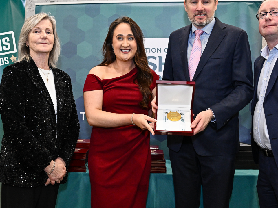 Kelly Fitzgerald receiving the County Cork award at the Volunteers in Sport Awards in 2026. Pictured with Minister Charlie McConalogue, Shane McArdle from Dun Laoghaire- Rathdown Sports Partnership and Clare McGrath the Federation Chairperson