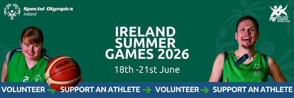 This image is a banner promoting the Ireland Summer Games 2026, featuring smiling athletes with the text: "ireland Summer Games 2026. 18th to 21st June 2026. Volunteer. Support an Athlete"