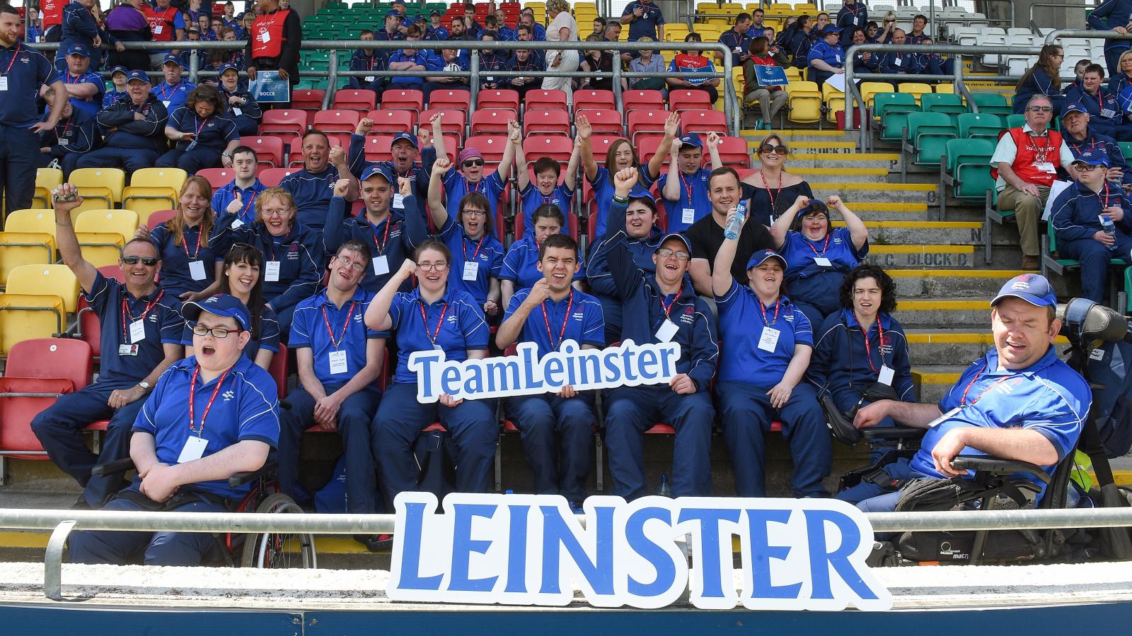Large group from Leinster team in front of Leinster sign