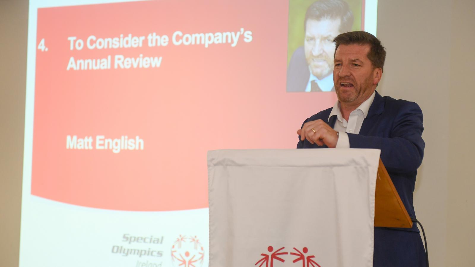 Matt English CEO Special Olympics Ireland speaking at the 2019 AGM