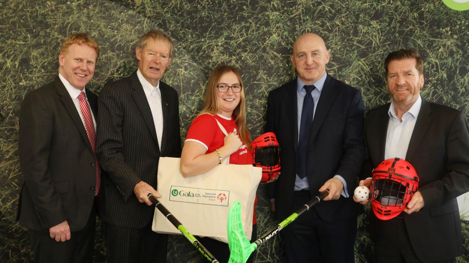 Gala Retail Services renews it's four year partnership with Special Olympics Ireland. Pictured are CEO Gary Desmond, ambassadors Mícheál Ó Muircheartaigh and Keith Wood, alongside athlete Emma Johnstone and CEO Matt English