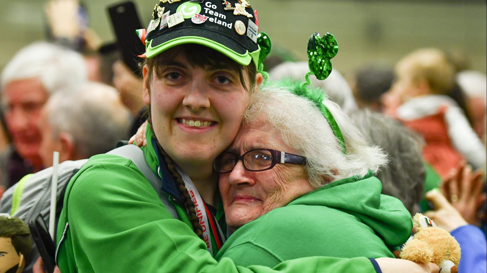 Athlete Sarah Gilmartin is welcomed home by her mother at Dublin Airport as she arrives back after the 2019 World Summer Games in Abu Dhabi