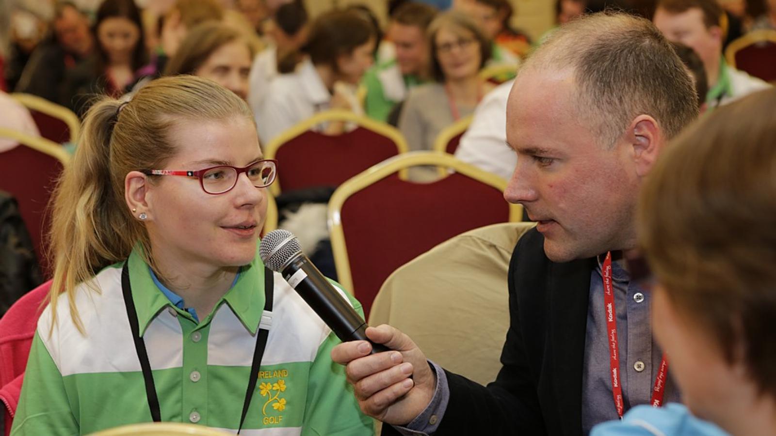 Reporter Henry McKeane interviews athlete Edel Armstrong at our Athlete Leadership Forum