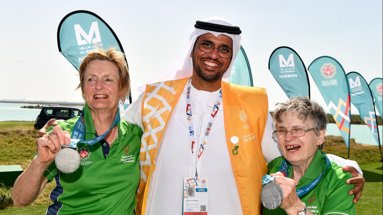 Athlete Mairead Moroney with her playing partner Jill Moloney winning a silver medal at the 2019 World Summer Games in Abu Dhabi