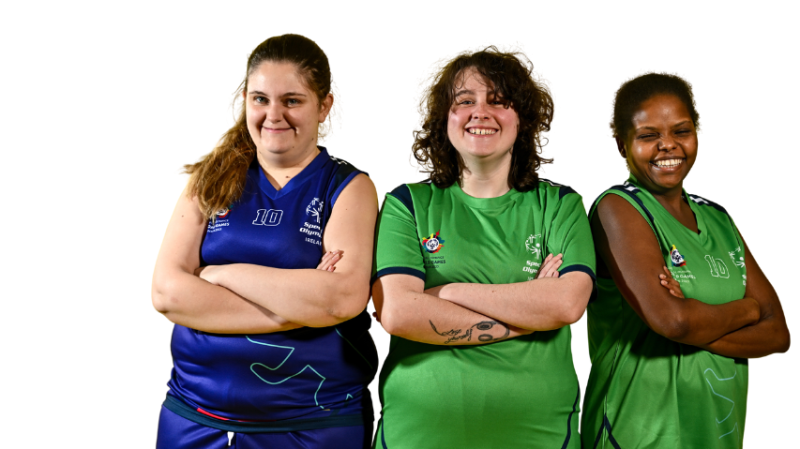 Three athletes stanbding side by side with arms folded and words Support an athlete