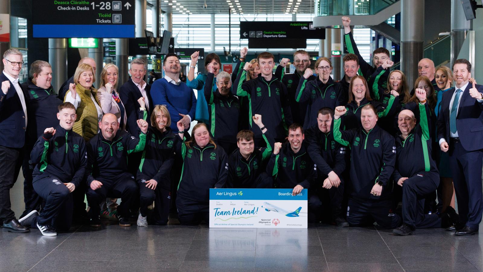 Team Ireland Floorball and Alpine Ski Team - with Coaches -flanking on the Left Matt English CEO Special Olympics, and Flanking on the Right Donal Moriarty COO, Aerlingus. Central Tony Cluskey - Gala Retail Manager.
