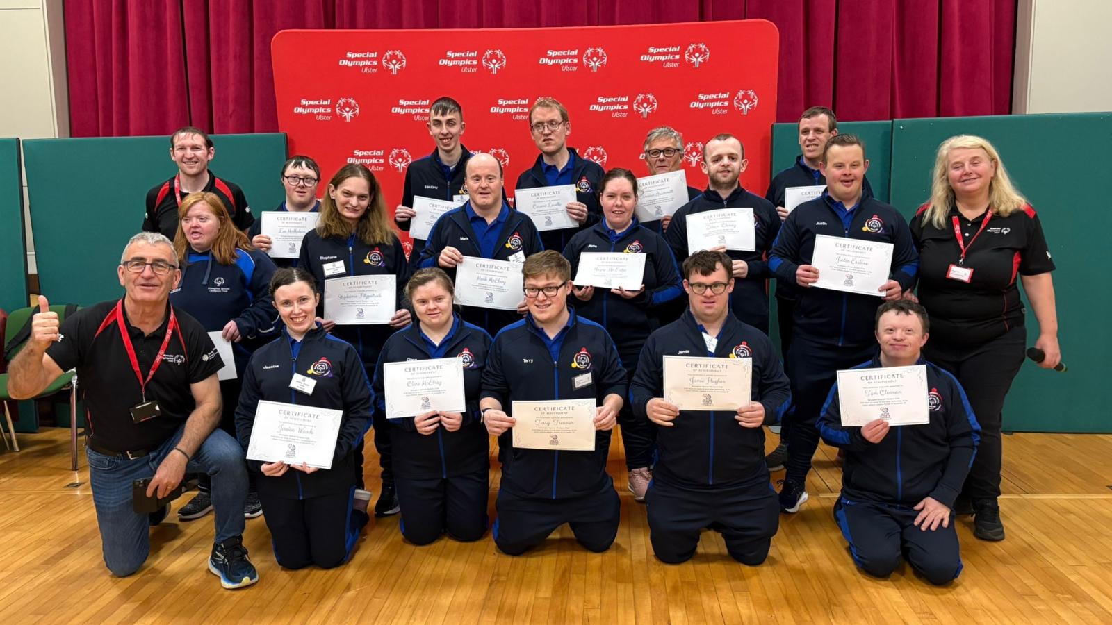 This image shows a full group photo of Ulster Athlete Leadership Forum 2025 with certificates!