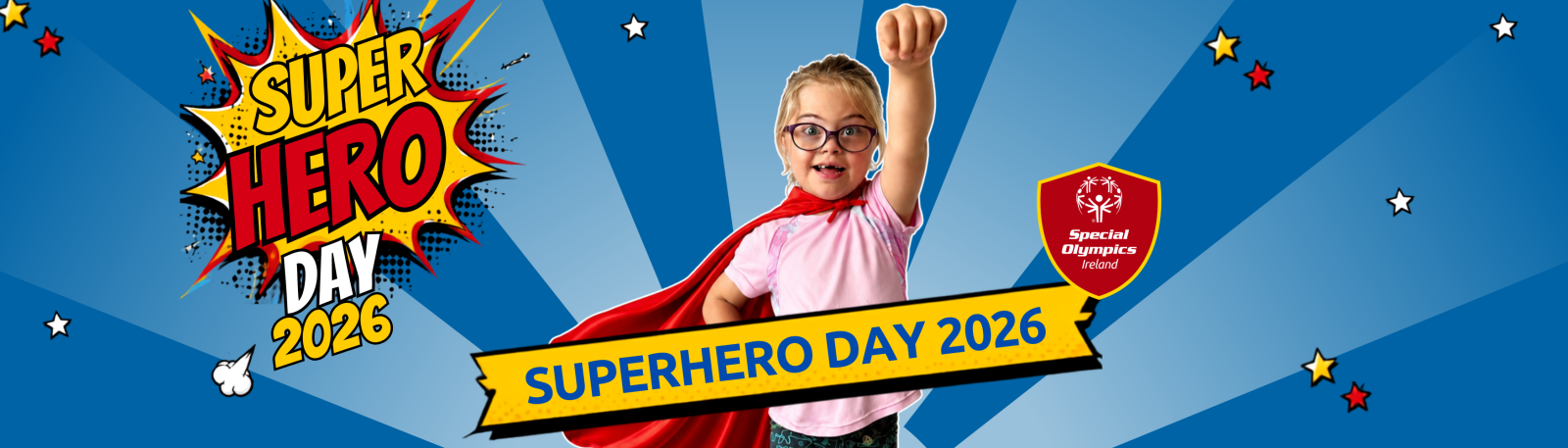 Special Olympics Ireland Superhero Day 2026 banner featuring a young girl dressed as a superhero against a blue comic book background.